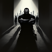 A muscular man stands confidently in the foreground, arms crossed, with a city skyline behind him. Shadows create a dramatic atmosphere, echoing the quote, I’m not a robot, I’m a man!