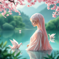 A serene, low-poly woman with long pink hair sits in calm water, surrounded by cherry blossoms, reflecting on her worth and the beauty of self-acceptance.