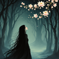 A figure in a flowing black cloak stands in a misty forest, gazing upward as delicate blossoms drift from an overhanging branch, embodying the unexpected nature of destiny.