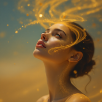 A contemplative young woman gazes upward, surrounded by swirling golden light, embodying the essence of creativity and the journey of understanding art through creation.