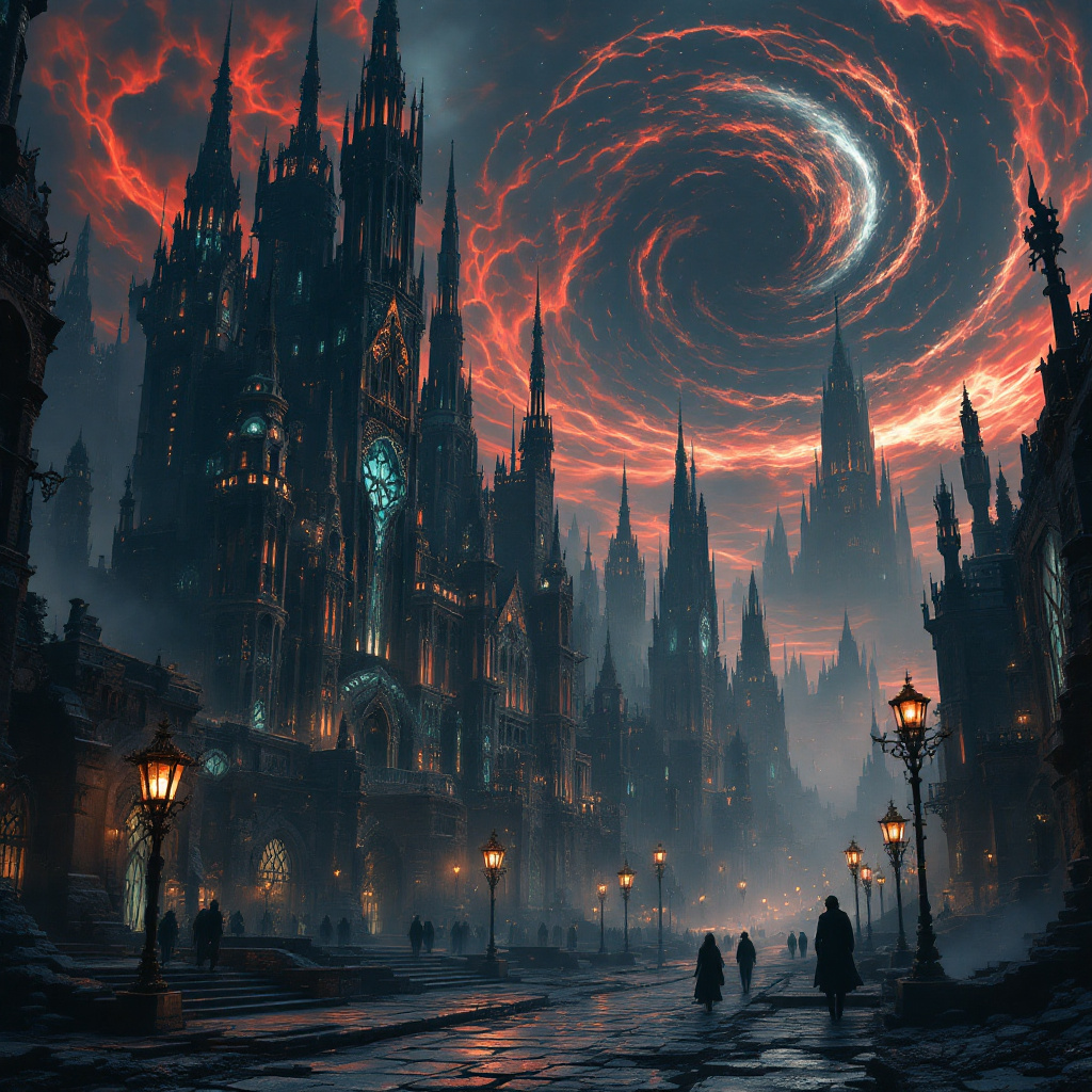 A dark, atmospheric cityscape features towering spires under a swirling, fiery sky, hinting at mystery and otherworldliness, echoing the essence of the quote about resemblance.