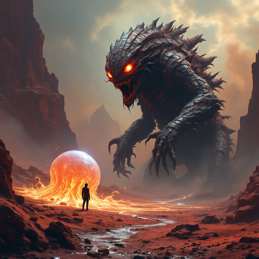 A colossal, menacing space monster towers over a small figure amidst a fiery landscape, glowing with pride and intensity, while a shimmering, leaky blob emanates nearby.