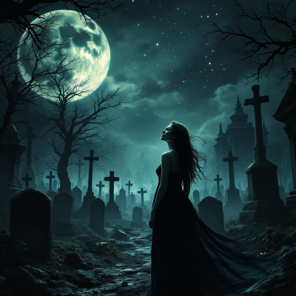 A woman in a flowing black dress stands in a misty graveyard under a full moon, surrounded by dark trees and weathered tombstones, embodying themes of life, freedom, and fear.