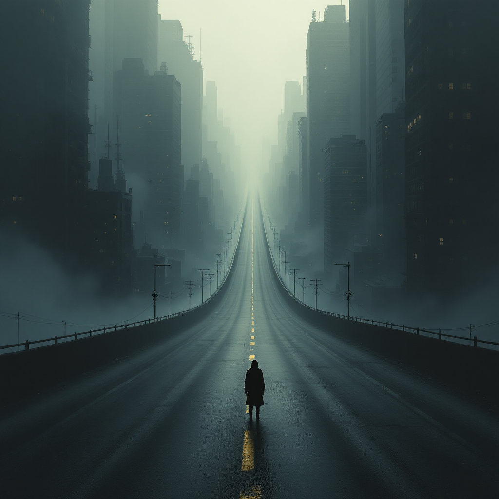 A solitary figure stands on a desolate road that stretches endlessly through a misty, urban landscape, evoking a sense of a grim, infinite life.