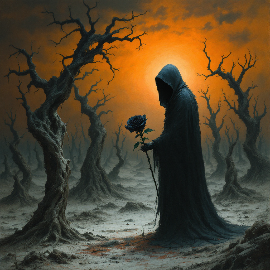 A cloaked figure stands in a desolate landscape, holding a single rose, surrounded by twisted trees under a dramatic orange sky, embodying the anguish of being unable to love.