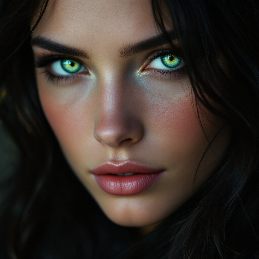 A close-up portrait of a woman with striking green eyes and dark, wavy hair, embodying the duality between a powerful queen and a figure in the shadows, reflecting the quote's theme.