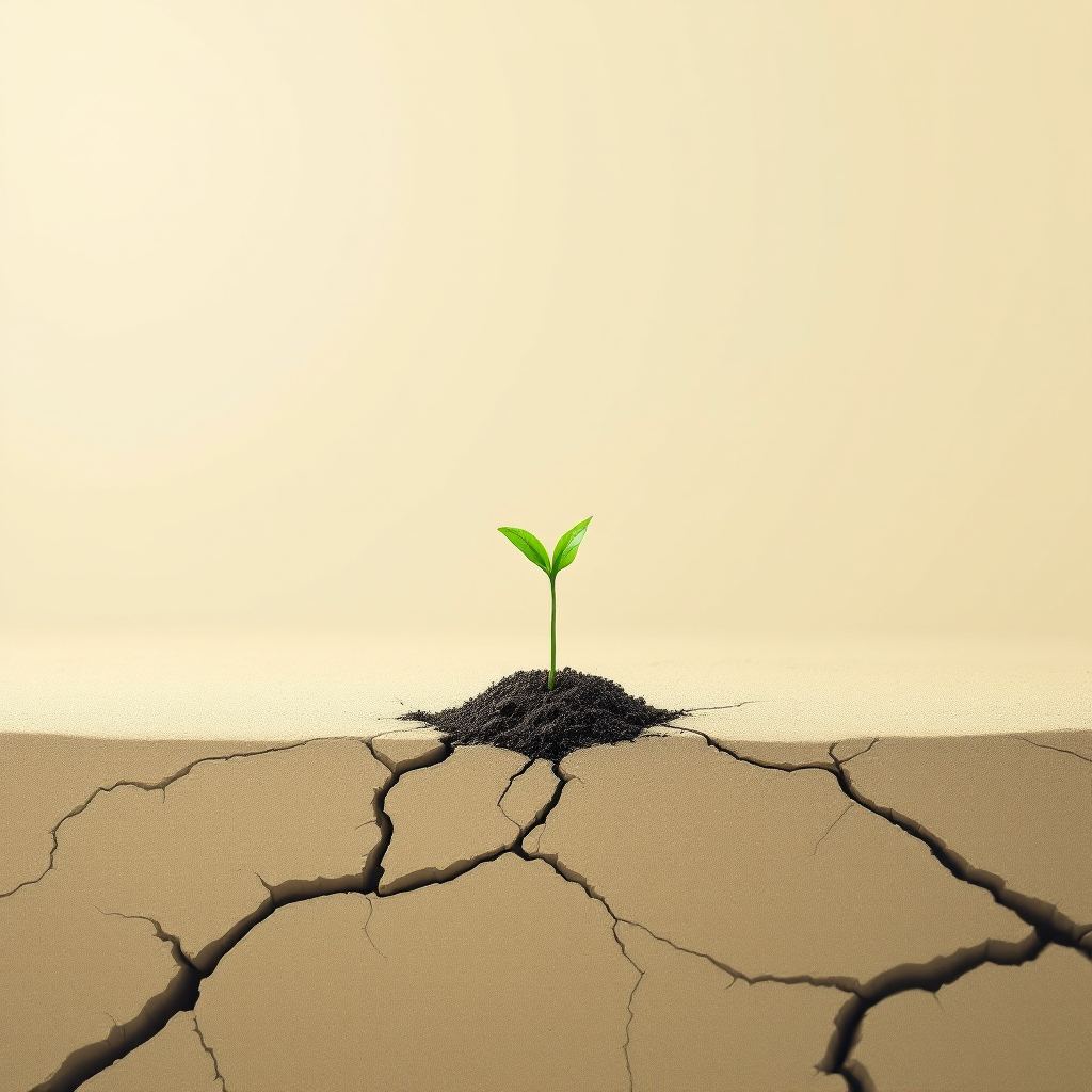 A solitary green sprout emerges from cracked earth, symbolizing potential and resilience, embodying the idea that establishing possibility leads to future growth.