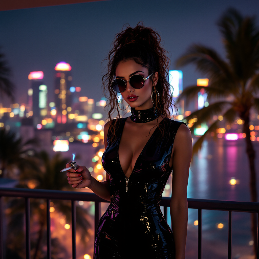 A figure in a sleek black outfit and sunglasses stands on a balcony at night, with a vibrant city skyline glowing in the background, embodying the theme of trust amidst darkness.