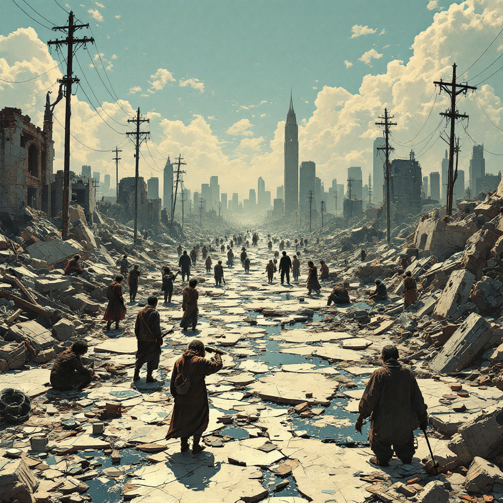 A desolate cityscape filled with rubble and broken buildings, where people navigate the cracked pavement, symbolizing resilience and the quest to piece together a fractured world.