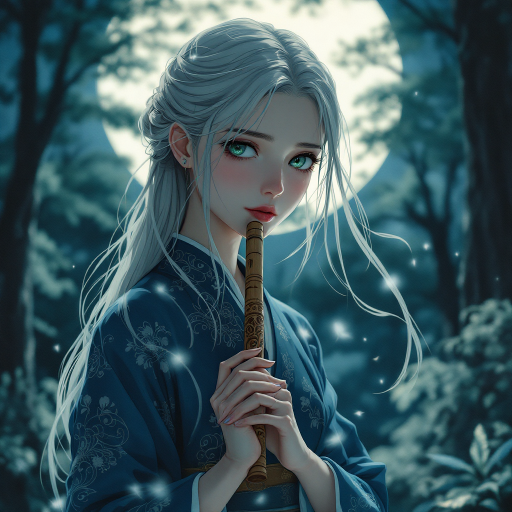 A young woman with long, silver hair stands in a moonlit forest, holding a flute close to her lips, embodying a poignant sense of longing and reflection inspired by the quote about giving.