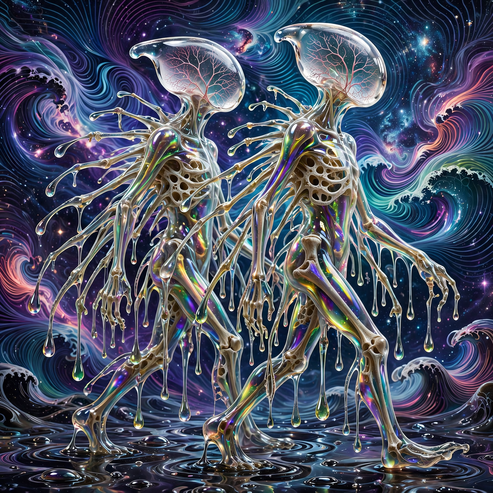 Two tall, svelte creatures with smooth, oily skin and many limbs walk side by side, their faceless heads resembling huge droplets of veined mucus against a swirling cosmic backdrop.