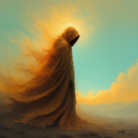 A cloaked figure stands in a desert landscape, surrounded by ethereal orange light, symbolizing the transformative nature of death as change and progress in evolution.