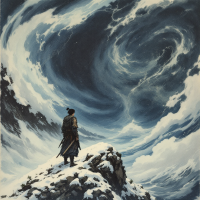 A lone figure stands on a snowy peak, gazing up at swirling storm clouds, capturing the essence of loyalty amid chaos and adversity.