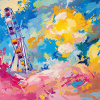 A vibrant, abstract painting featuring a Ferris wheel against a bright, colorful sky, reflecting the theme of legacy and enduring creation from Burnham's vision for the fair.