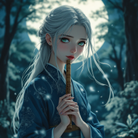 A young woman with long, silver hair stands in a moonlit forest, holding a flute close to her lips, embodying a poignant sense of longing and reflection inspired by the quote about giving.