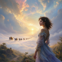 A traveler in a flowing gown gazes toward a luminous horizon, where a caravan journeys through a dreamlike landscape of clouds and swirling colors, embodying the essence of exploration and imagination.