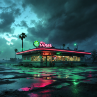 A neon-lit diner stands alone under stormy skies, reflecting vibrant colors on the wet pavement, capturing the essence of the quote: Nothing is ever as it seems.