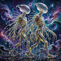 Two tall, svelte creatures with smooth, oily skin and many limbs walk side by side, their faceless heads resembling huge droplets of veined mucus against a swirling cosmic backdrop.