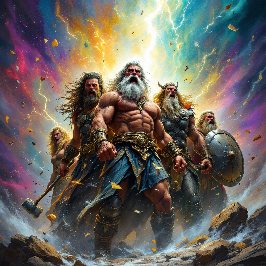 A group of muscular gods stands triumphantly against a vibrant, chaotic background, embodying the realization of their mortal qualities, inspired by the quote about gods and mortality.