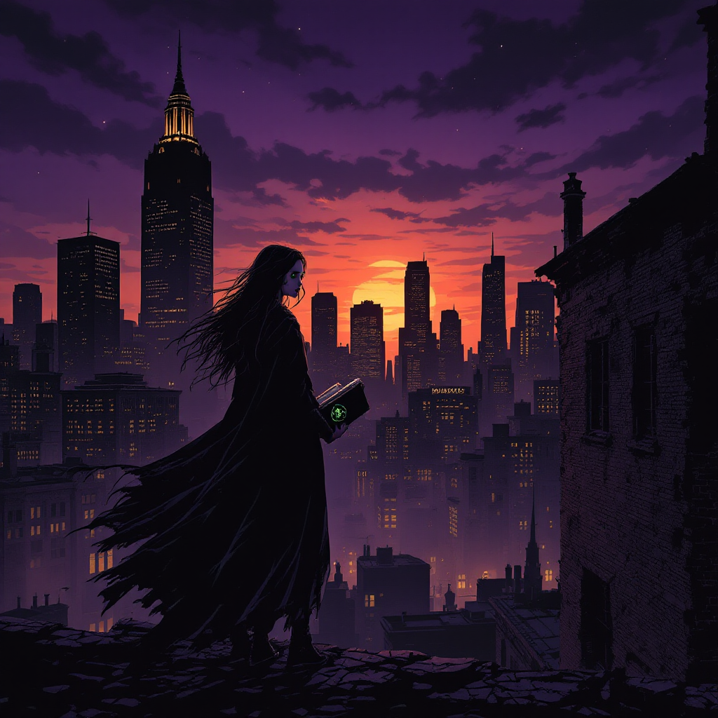 A figure in a flowing cloak stands atop a rooftop, holding a glowing book as a vibrant city skyline is bathed in sunset hues, embodying the duality of knowledge's power.