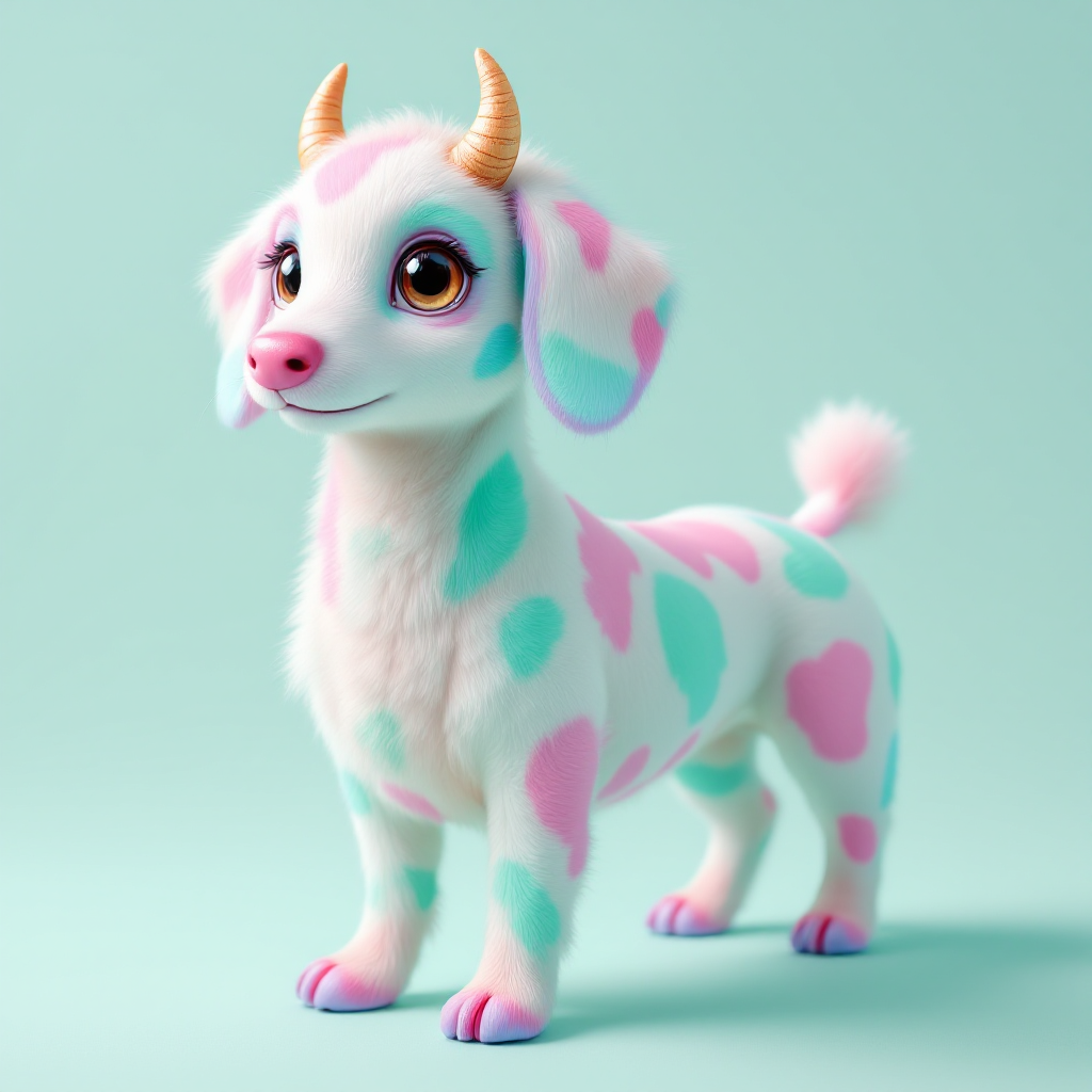 A whimsical pet with a fluffy coat featuring pastel pink and blue spots, tiny horns, and large expressive eyes, embodying the idea that appearance isn’t everything.