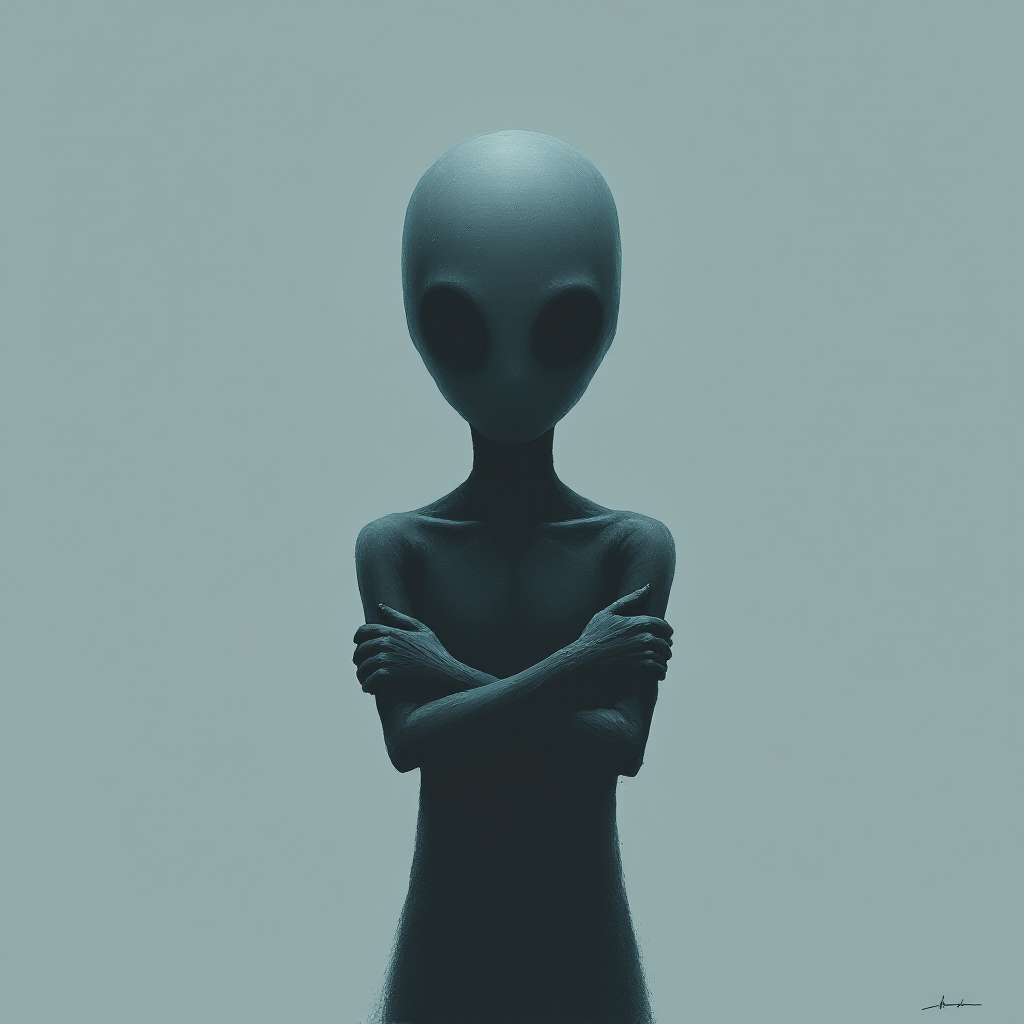 A shadowy figure resembling an alien stands against a soft blue background, arms crossed, embodying the concept of inevitability reflected in the quote, You cannot fight the future.