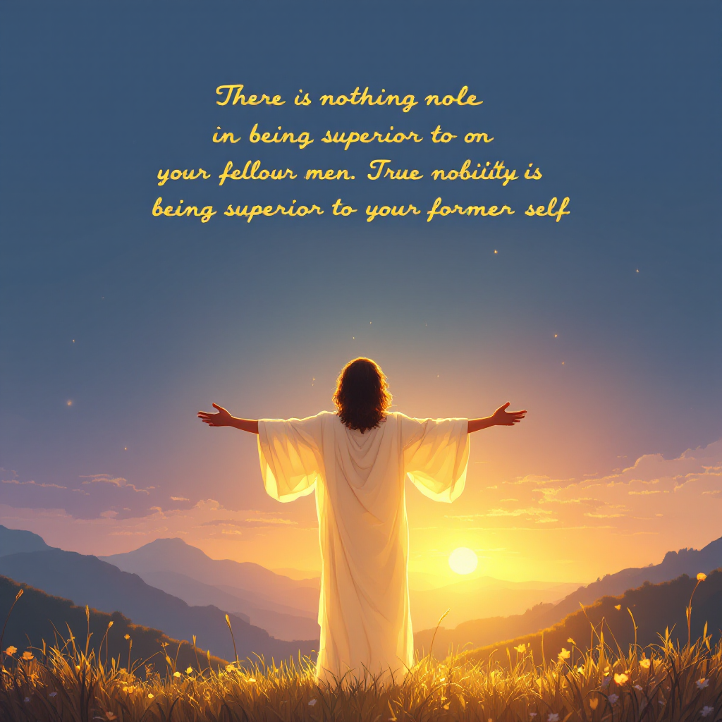 A figure in a flowing white robe stands with arms outstretched against a sunset backdrop, embodying the quote about true nobility and personal growth. Mountains frame the serene scene.