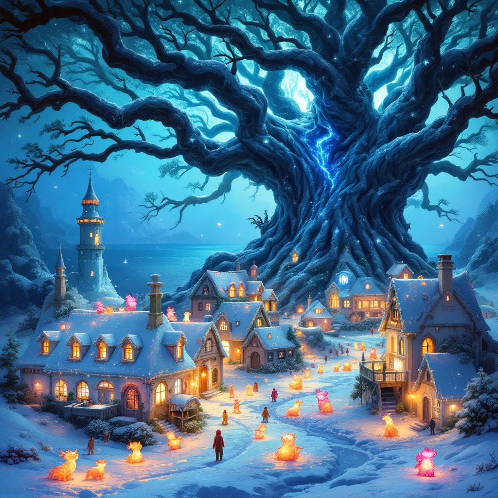 A whimsical snowy village with cozy cottages and glowing lanterns surrounds a majestic, gnarled tree. This enchanting scene captures the essence of unexpected adventures.