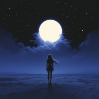 A silhouetted figure stands alone on a dark landscape, gazing up at a brilliant full moon surrounded by stars, embodying the idea of beauty in truth, even amidst dread.