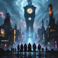 A group of shadowy figures stands before a towering clock in a futuristic city, illuminated by neon lights, evoking the theme of judgment in a dystopian setting.