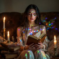 A serene young woman sits on a vintage couch, engrossed in a book. Soft candlelight and colorful reflections dance around her, embodying the quote about making one's story a good one.