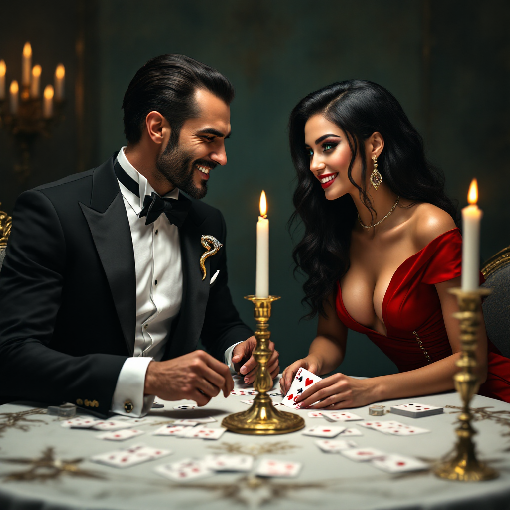 A man in a tuxedo and a woman in a red dress play cards at a candlelit table, embodying the quote, It’s all a game. The question is, who’s playing, and who’s being played?