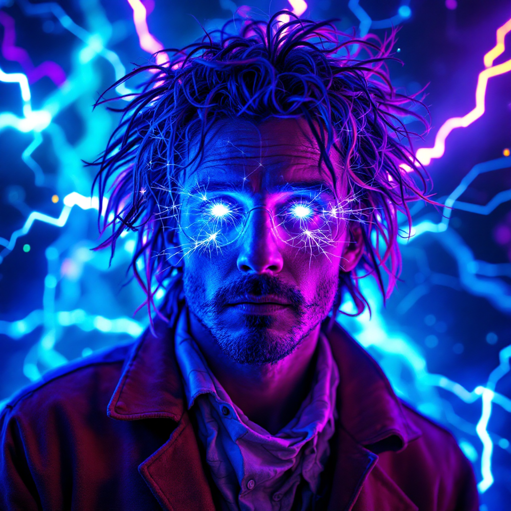 A man with wild hair and glowing eyes stands against a backdrop of electric blue and purple lights, embodying a mix of genius and naïveté inspired by a thought-provoking quote.