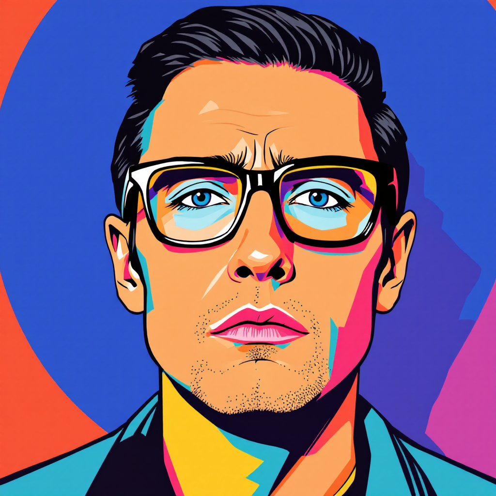 A colorful, stylized portrait of a man with glasses, staring intently, embodying the quote about intellect overshadowing the absence of a good heart.