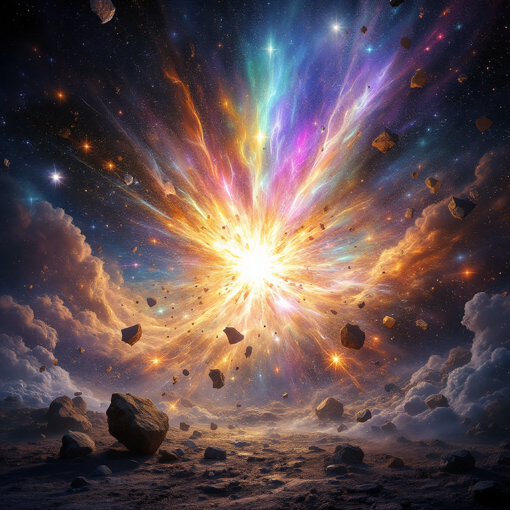 A vibrant cosmic explosion illuminates the sky, surrounded by swirling colors and rocks, symbolizing the clash between old understandings and the emergence of new truths.