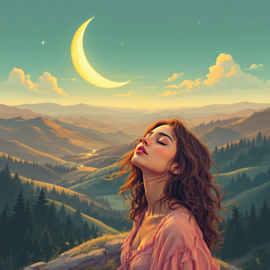 A young woman gazes upward, bathed in soft light, with a crescent moon and lush mountains in the background, embodying the desire to uncover the world's mysteries.