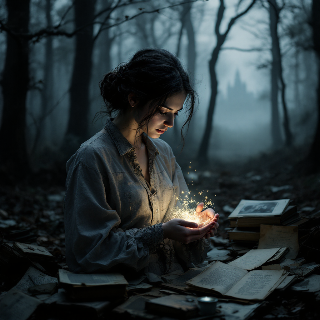 A young woman sits in a misty forest, holding glowing sparkles in her hands, surrounded by scattered books, embodying the burdensome yet precious weight of memory.