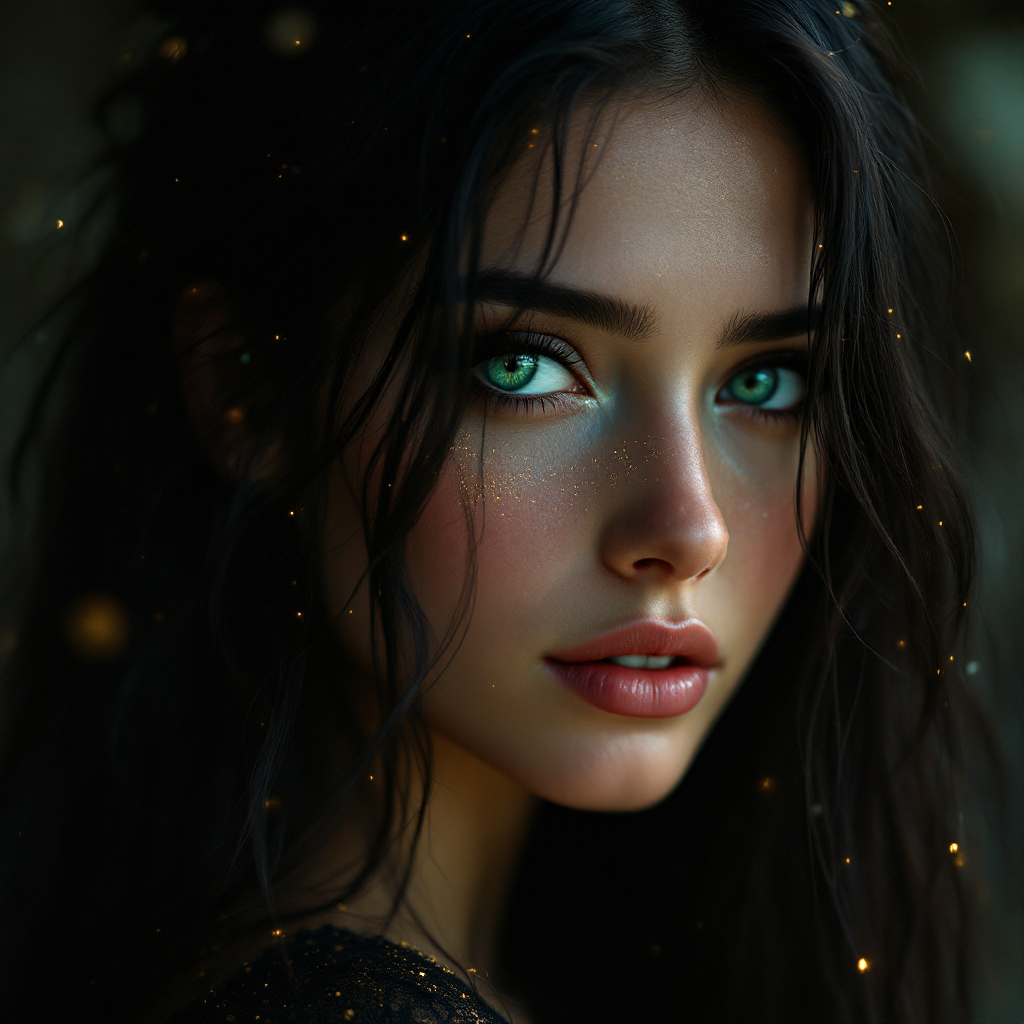 A close-up of a young woman with striking green eyes and long, dark hair, radiating an enchanting aura, embodying the intoxicating essence of longing and desire.