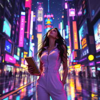 A woman stands in a vibrant cityscape, illuminated by colorful neon lights. She looks upward with hope, embodying the idea that personal stories can inspire change for future generations.