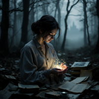 A young woman sits in a misty forest, holding glowing sparkles in her hands, surrounded by scattered books, embodying the burdensome yet precious weight of memory.