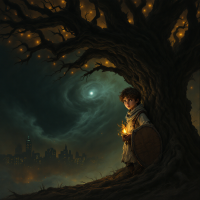 A young boy stands by a gnarled tree, holding a glowing light, shield resting at his side, facing a shadowy cityscape under a swirling sky, embodying protection against the world.