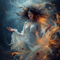 A mystical woman with wild hair and glowing eyes stands amidst swirling, fiery mist, embodying the inner truths that defy the world's silence, dressed in an ethereal white gown.