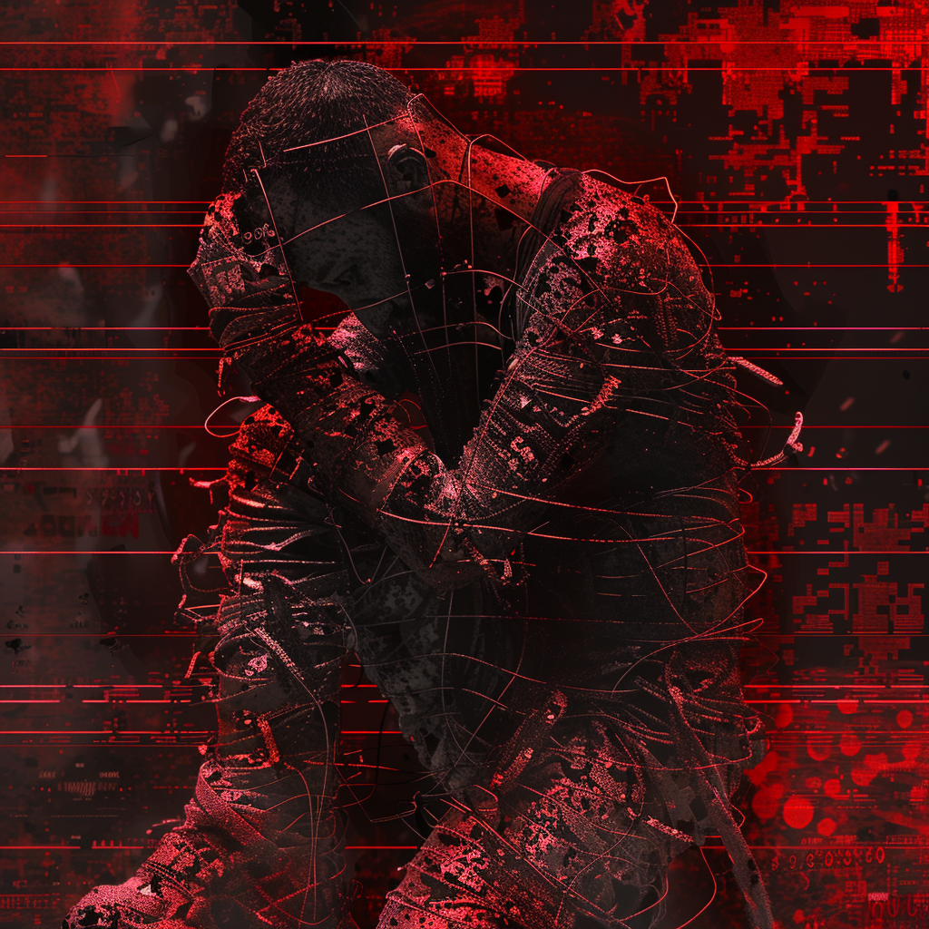 Digital artwork of a figure crouched in contemplation, overlayed with textured red and black, symbolizing resilience forged in adversity.