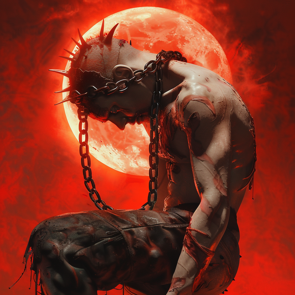 An intense illustration of a figure with a crown of thorns and chains, embodying struggle and resilience, set against a fiery moonlit backdrop.