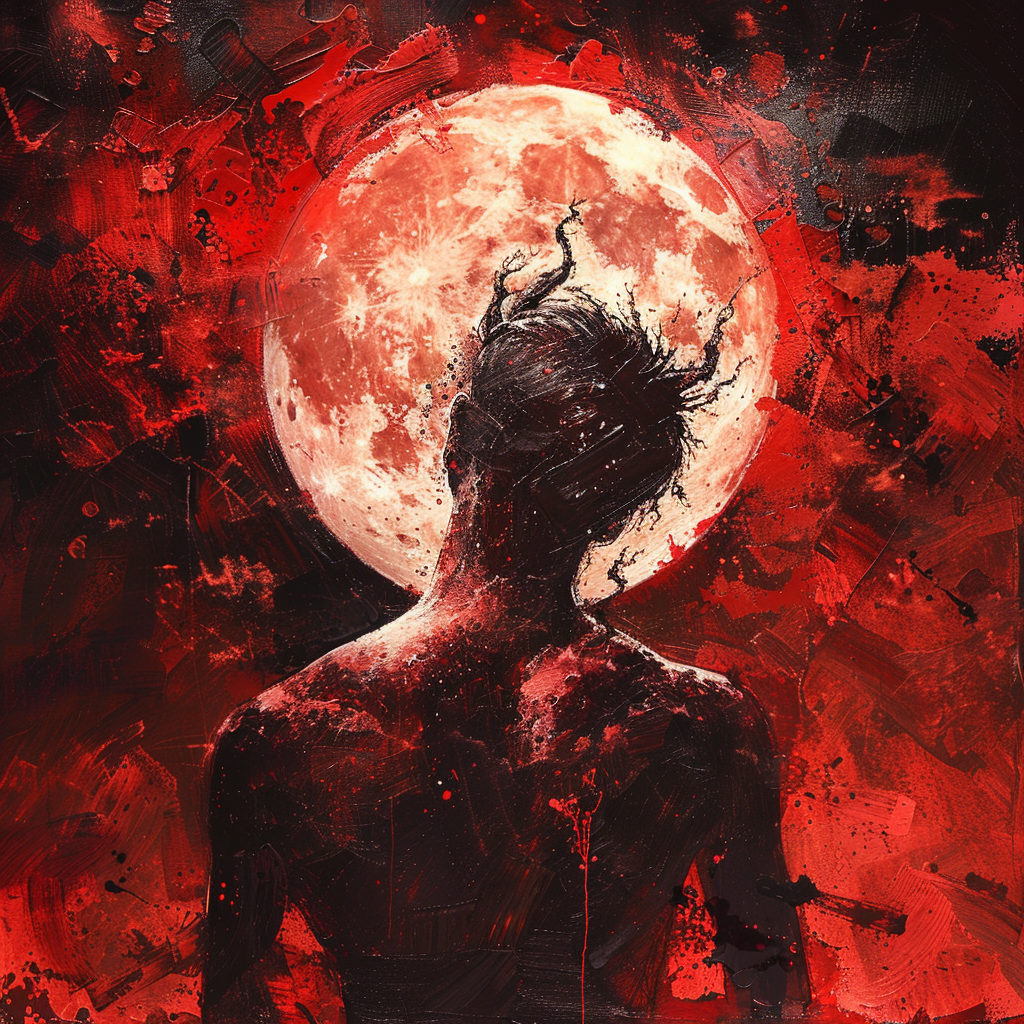 A figure stands against a vivid red backdrop, gazing at a full moon, embodying the struggle between love and hate in a turbulent world.