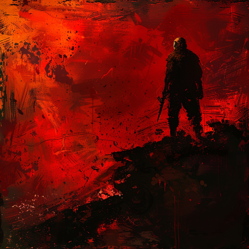 Artistic representation of a figure standing in a vivid red, tumultuous environment, embodying themes of survival and emotion, inspired by a powerful literary quote.