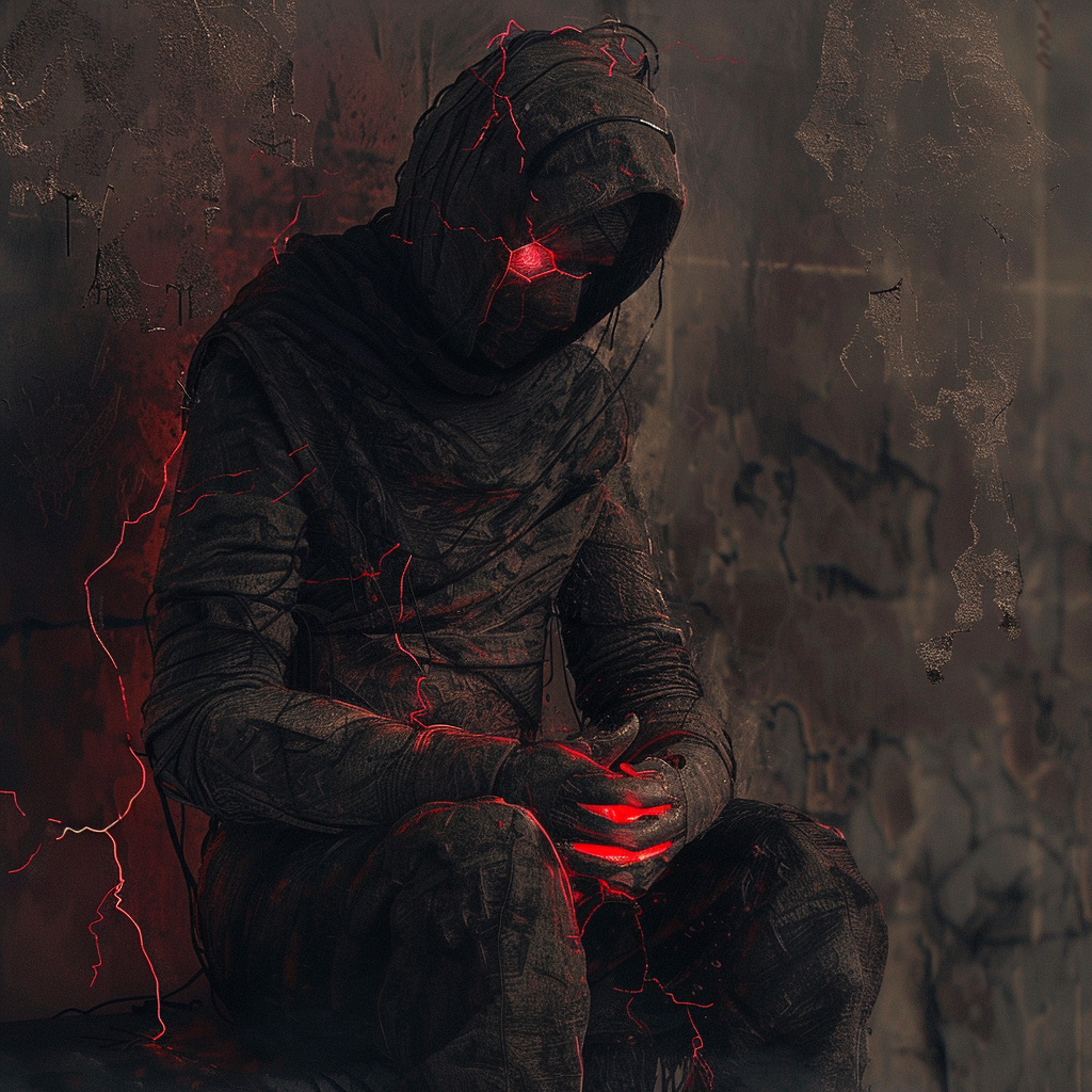 A hooded figure with glowing red eyes sits in a shadowy, decrepit environment, holding a glowing red orb, embodying a blend of hate and love as if forged in the bowels of a hard world.