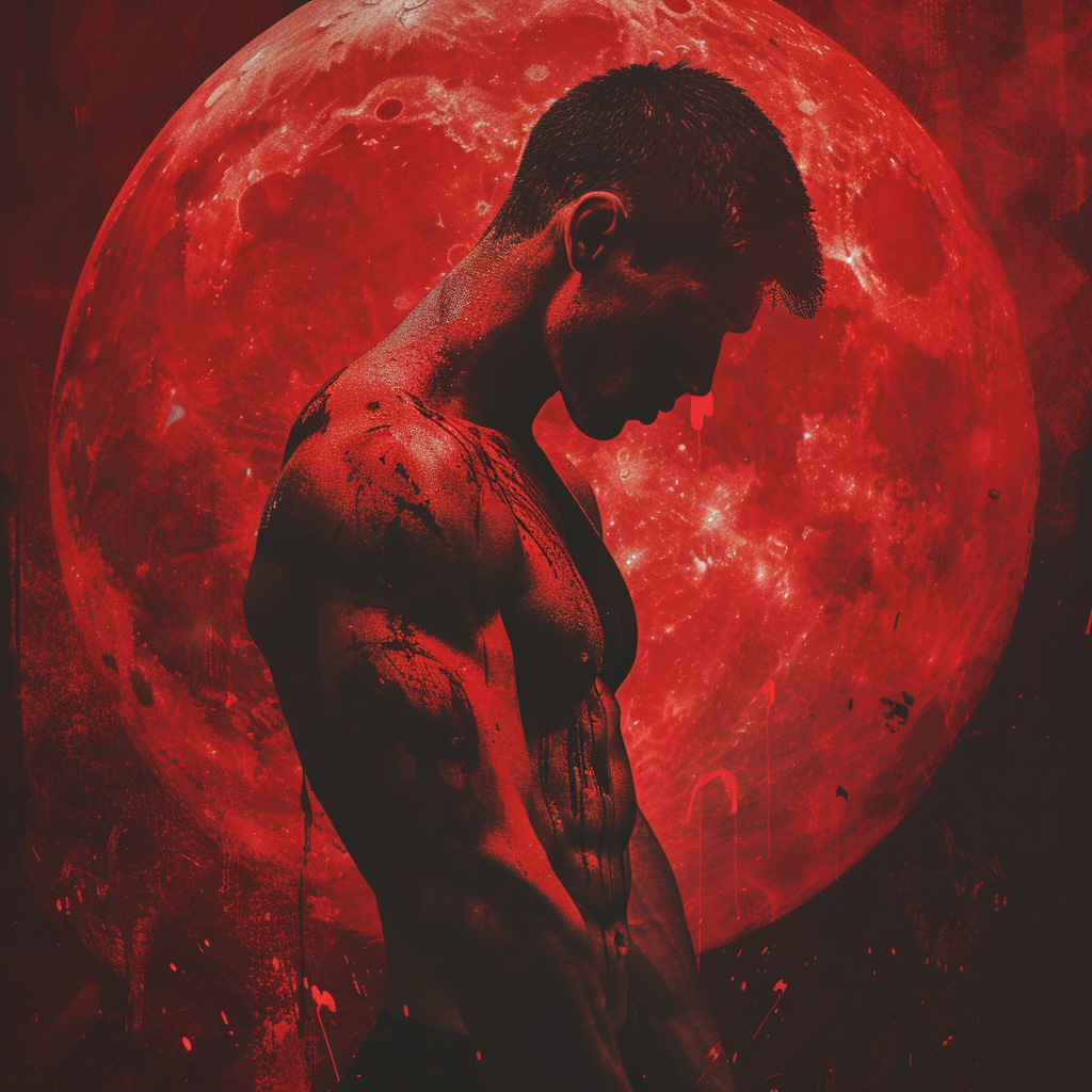 A muscular man silhouetted against a vibrant red moon, embodying strength and resilience, his body appearing both defined and battle-hardened.