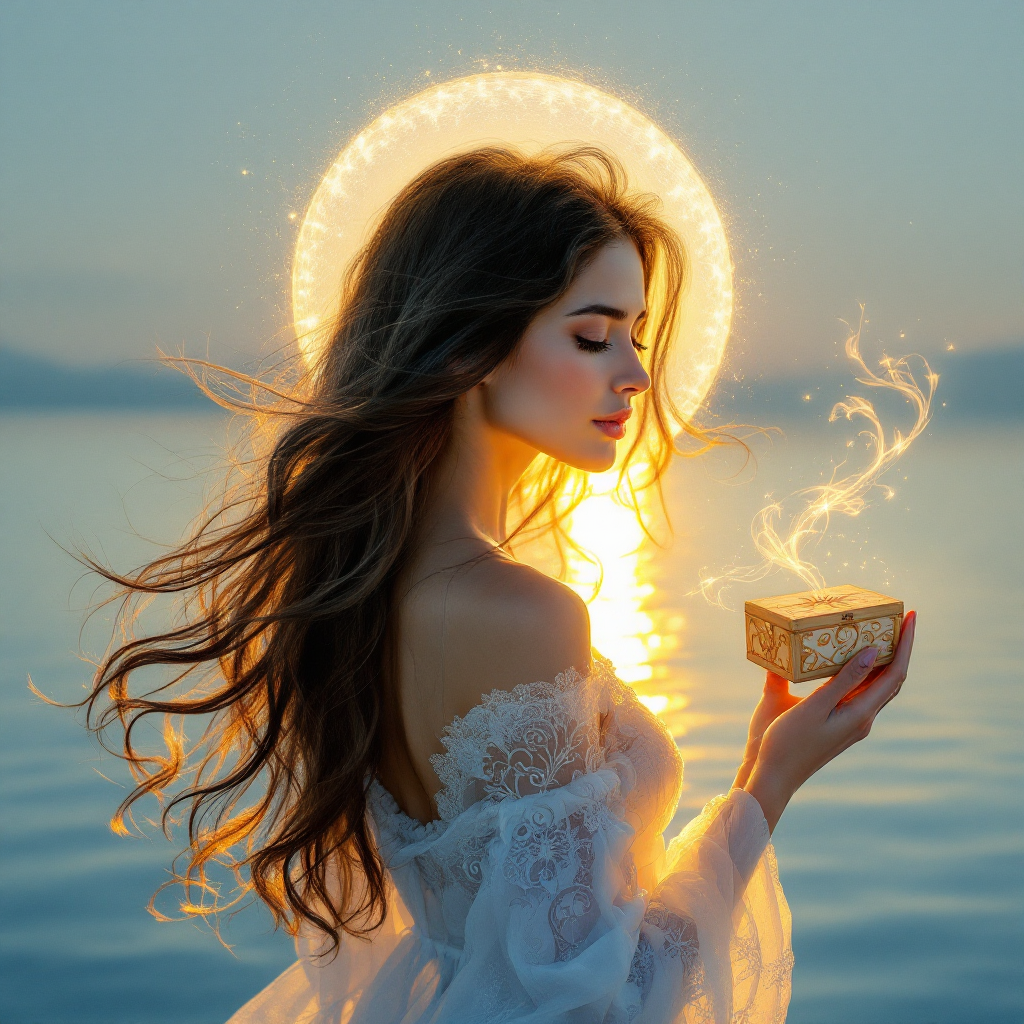 A serene woman in a flowing white dress stands by water, holding a glowing box. A radiant halo of sunlight encircles her, embodying the theme of letting go to embrace new beginnings.