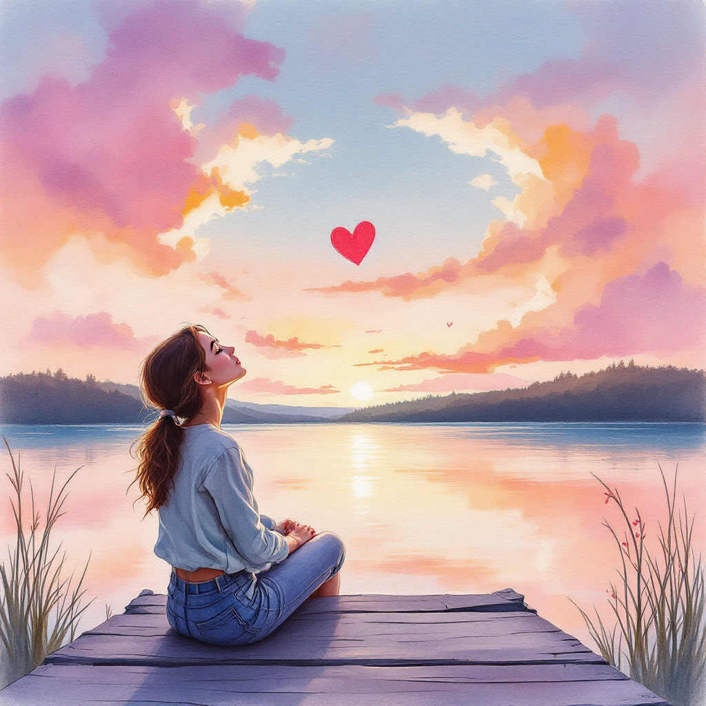 A woman sits on a dock at sunset, gazing up at a heart-shaped formation in the clouds, reflecting the complexities of love intertwined with pain.